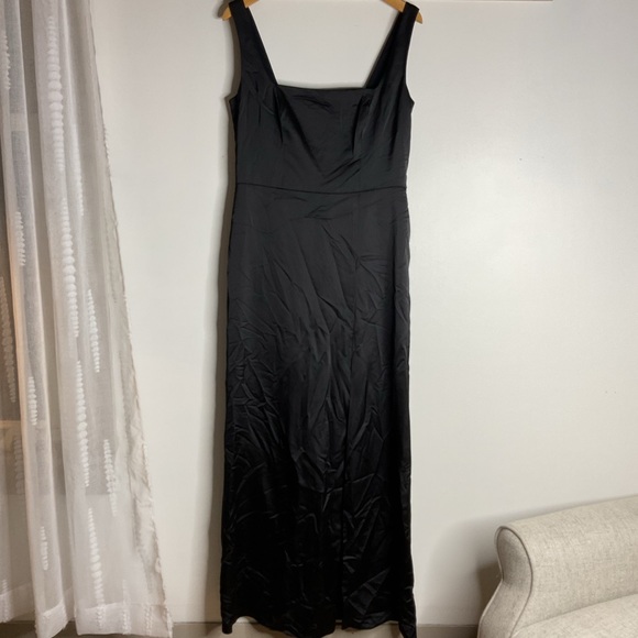 Dessy Group Thread Square Neck Satin A-Line Front Slit Black Maxi Dress NWT Lge - Picture 3 of 12